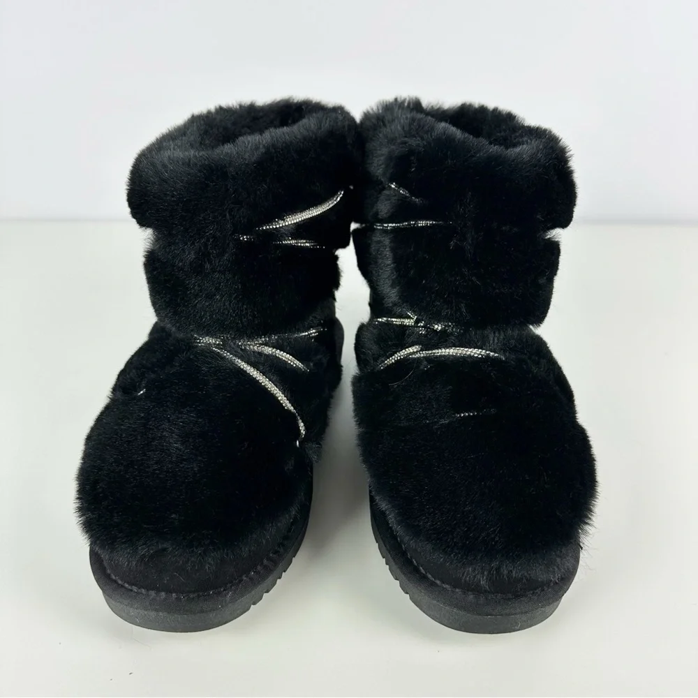 AZALEA WANG Retrograde Alina Black Faux Fur Moon Boots Rhinestone Laces NEW